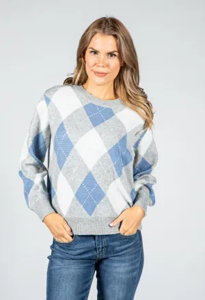 Argyle Knit Jumper in Grey & Powder Blue