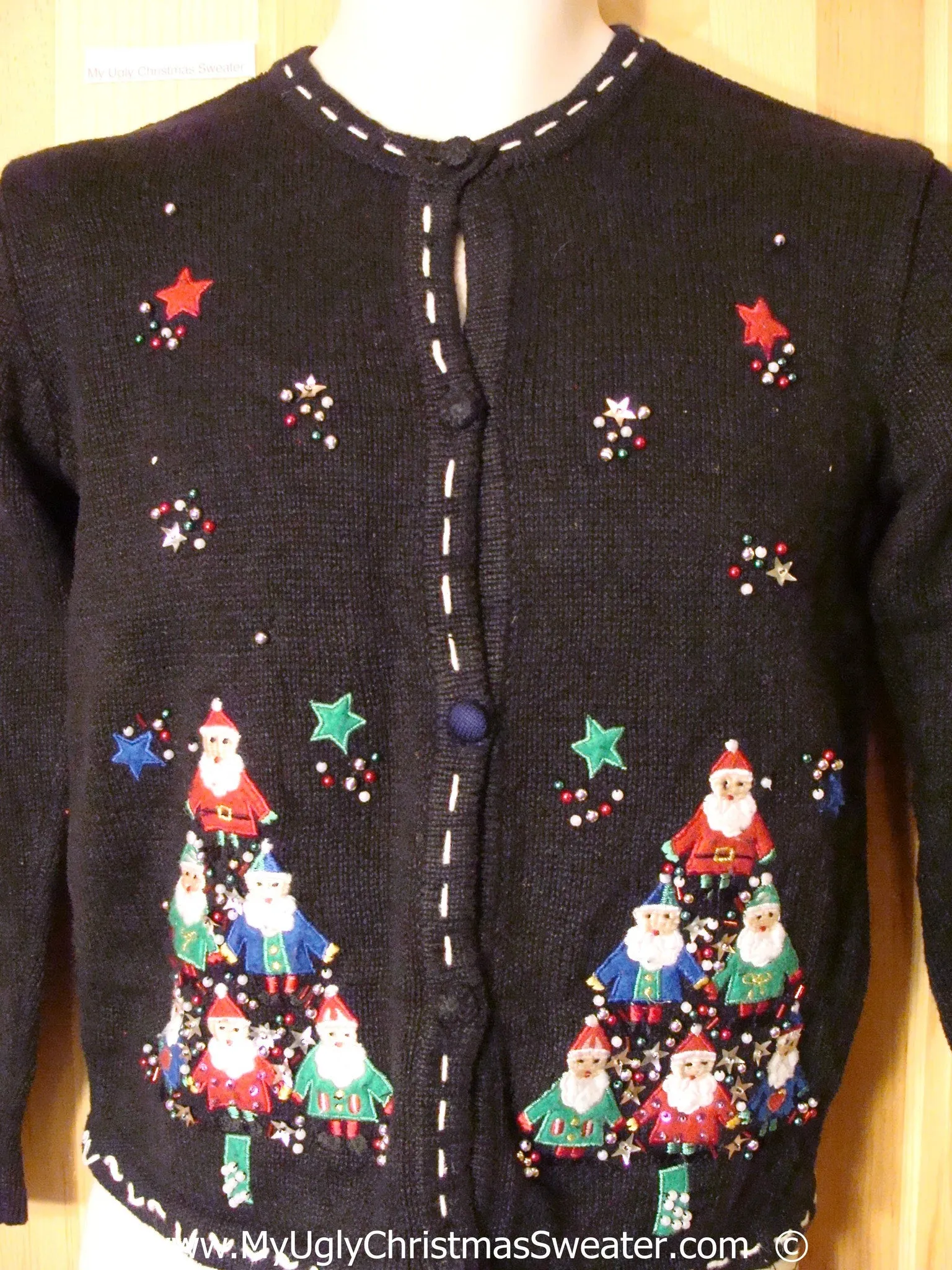 Black Christmas Sweater with Tree Santas