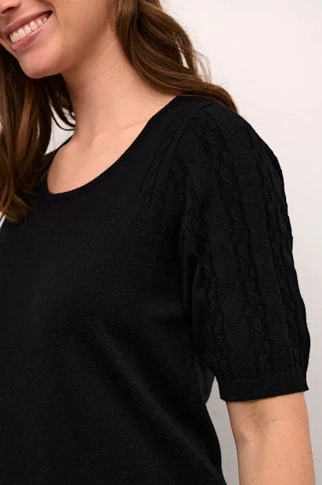 BLACK ROUND NECK SHORT SLEEVE KNIT TOP