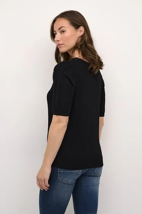 BLACK ROUND NECK SHORT SLEEVE KNIT TOP