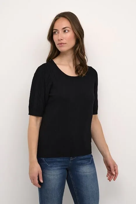 BLACK ROUND NECK SHORT SLEEVE KNIT TOP