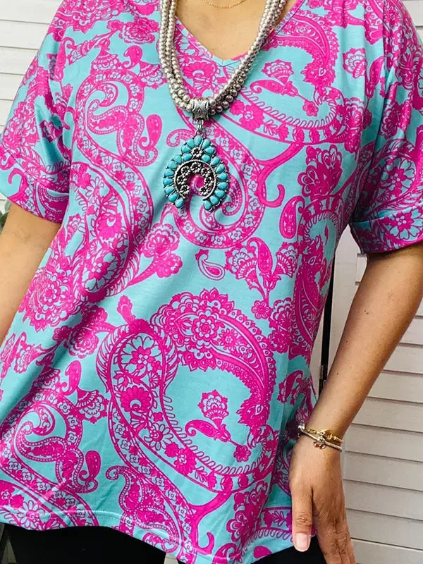 Blouse - V-neck Paisley Short Sleeve, Pink Turquoise, Also Plus Size