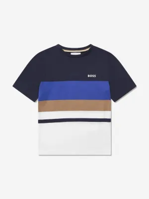 BOSS Boys Striped Logo T-Shirt In Navy