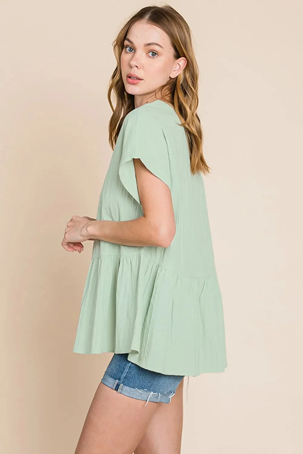 by Nu Lab Ruched Notched Short Sleeve Blouse