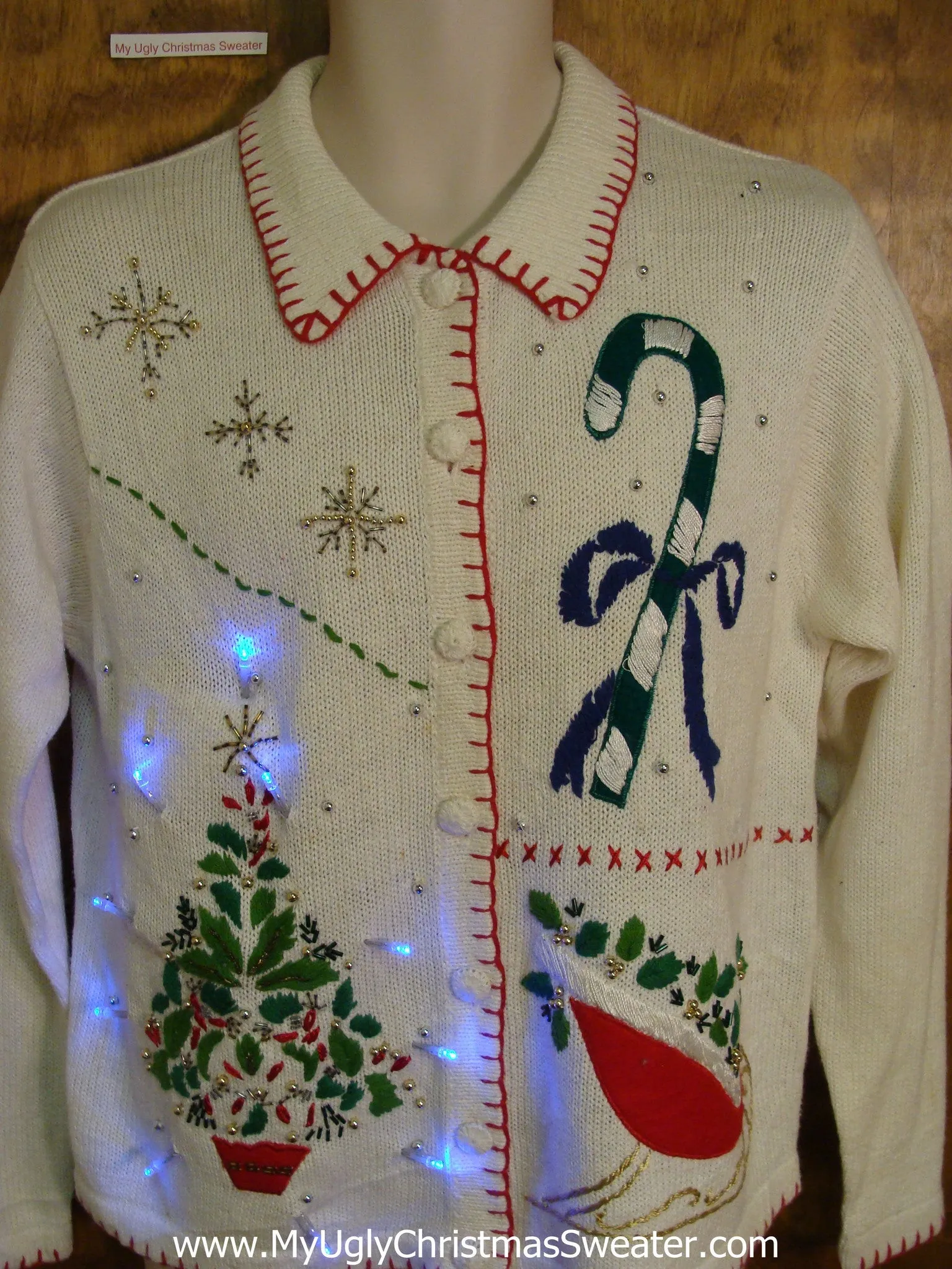 Candycane with Bow Light Up Ugly Xmas Sweater