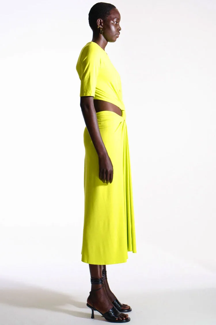 Casual Round Neck Short Sleeve Ruched Cutout Midi Dress - Lime Green