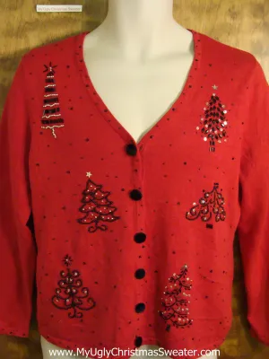 Cheap Red Tacky Bad Christmas Sweater with Trees