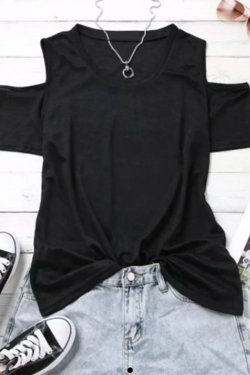 Cold Shoulder O Neck
 Casual Blouse In Black