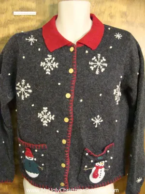 Cute Blue Xmas Sweater with Snowmen on Front and Back