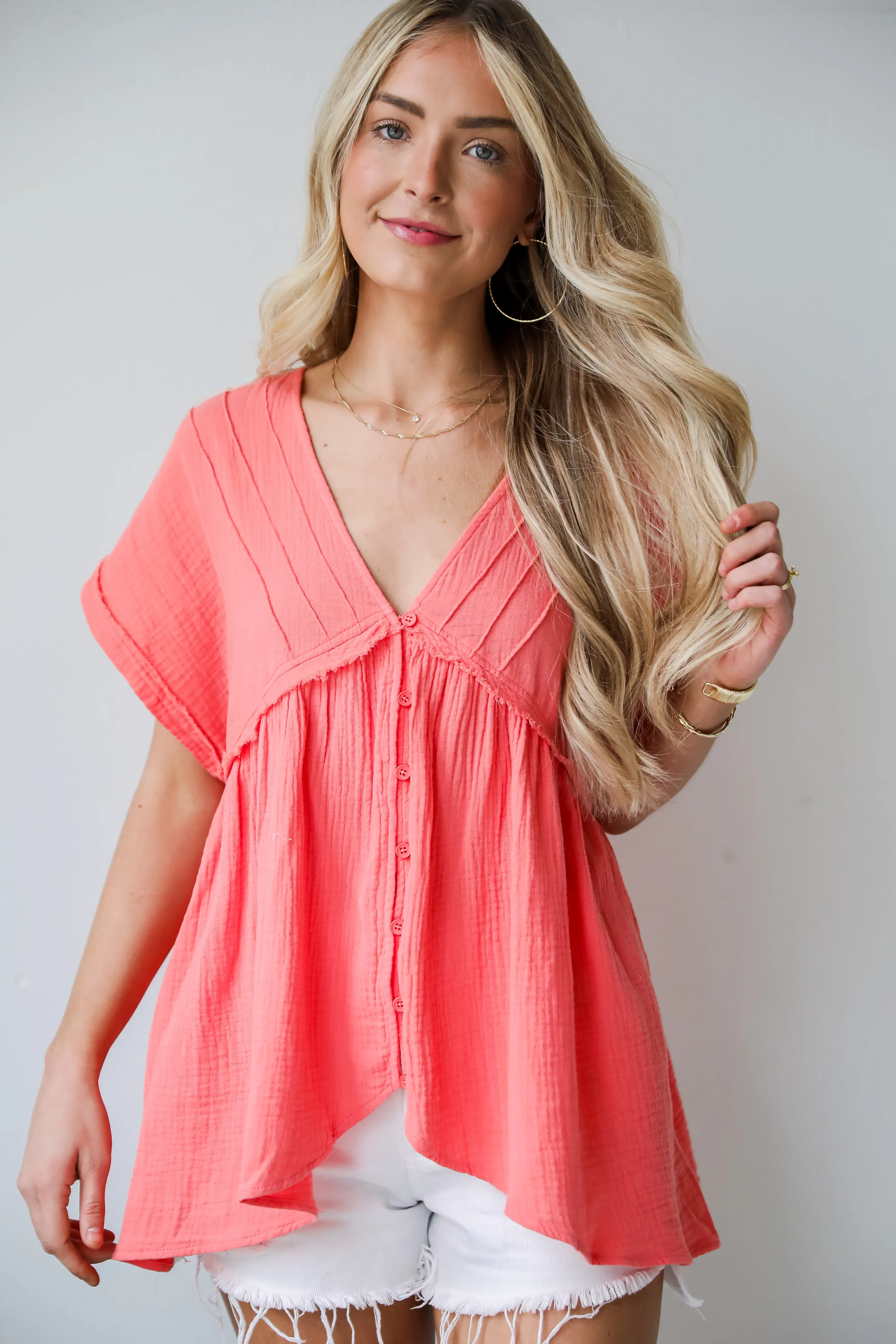 FINAL SALE - Dreamy Stroll Coral Linen Blouse