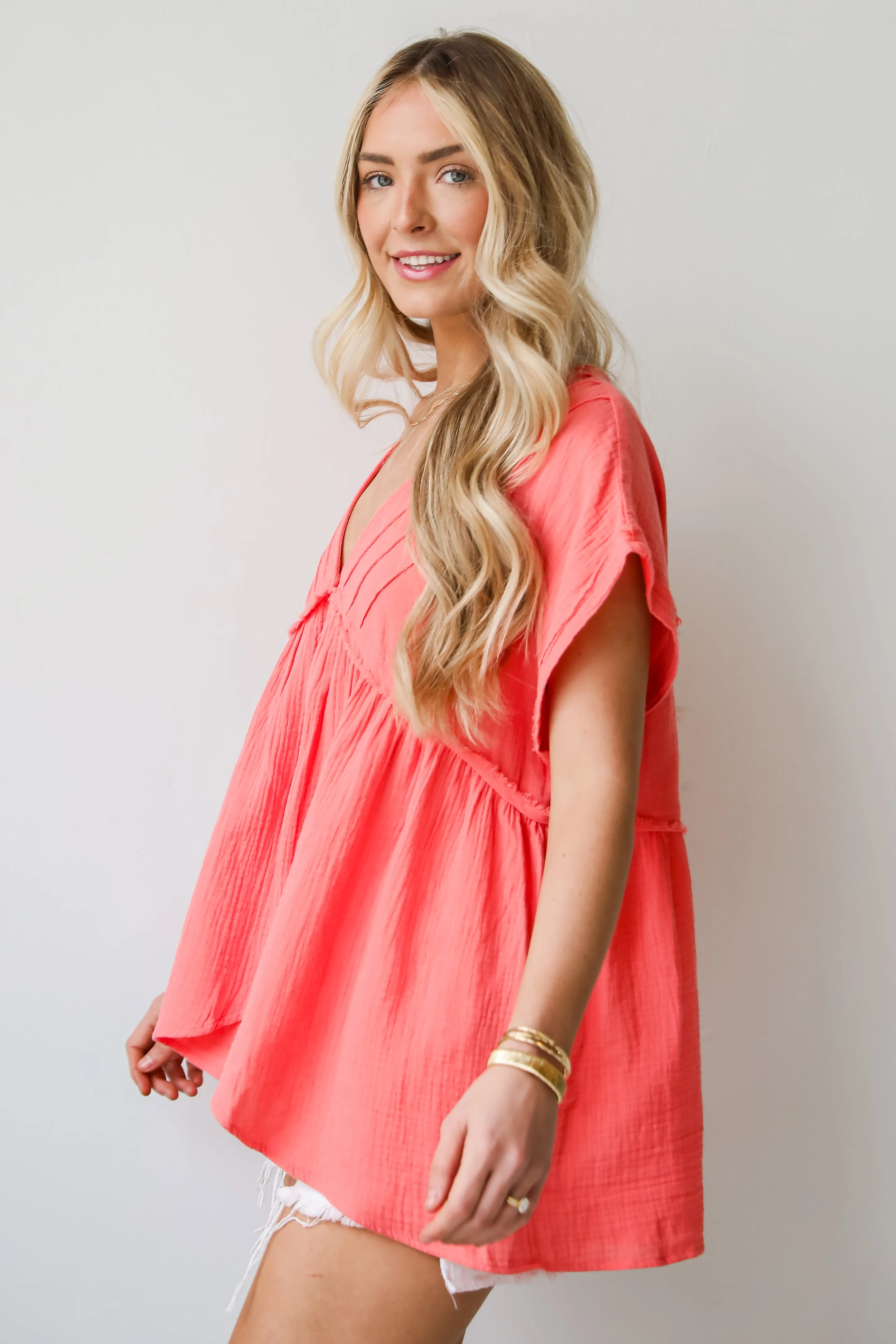 FINAL SALE - Dreamy Stroll Coral Linen Blouse