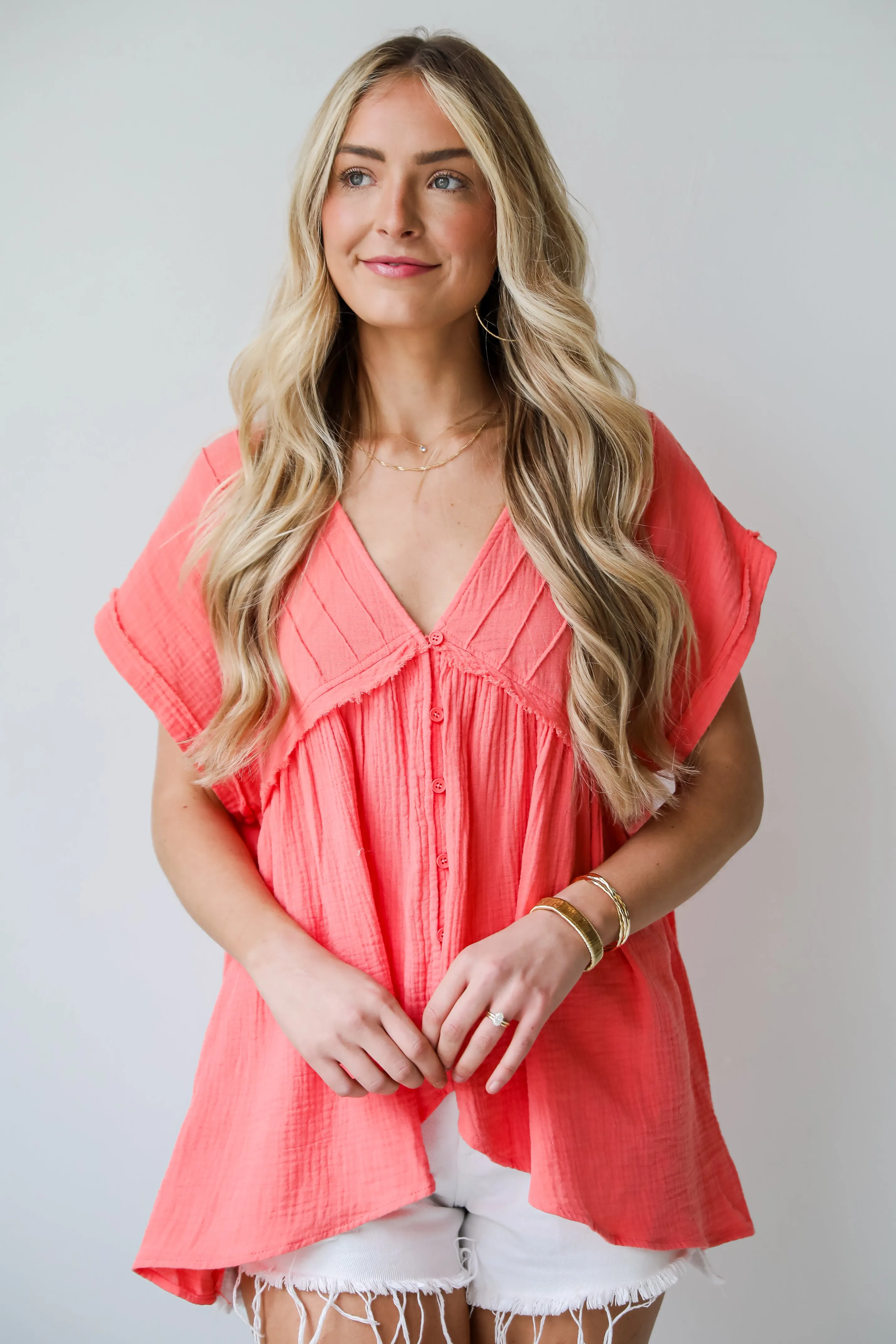 FINAL SALE - Dreamy Stroll Coral Linen Blouse