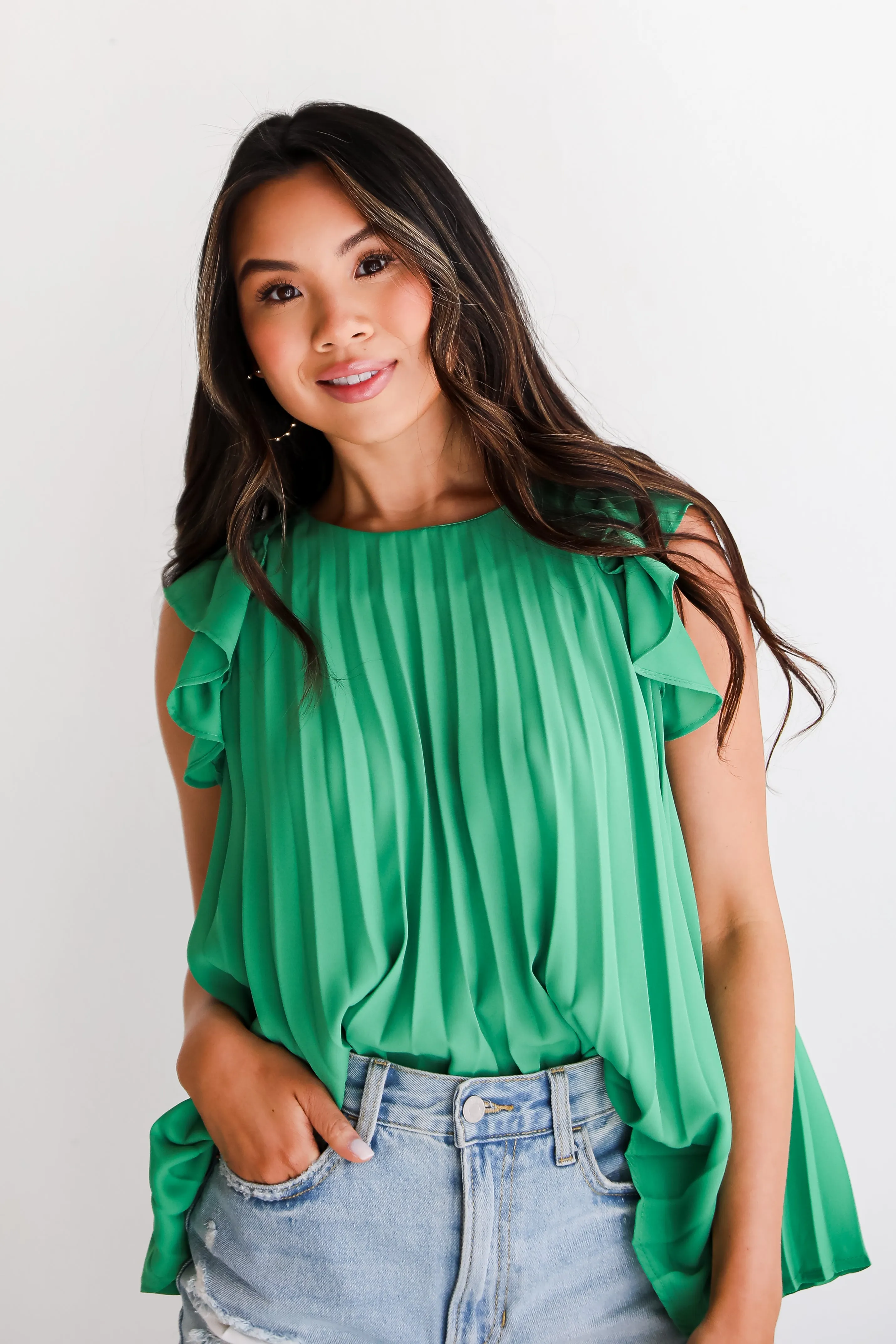 FINAL SALE - Favorite Event Kelly Green Pleated Blouse