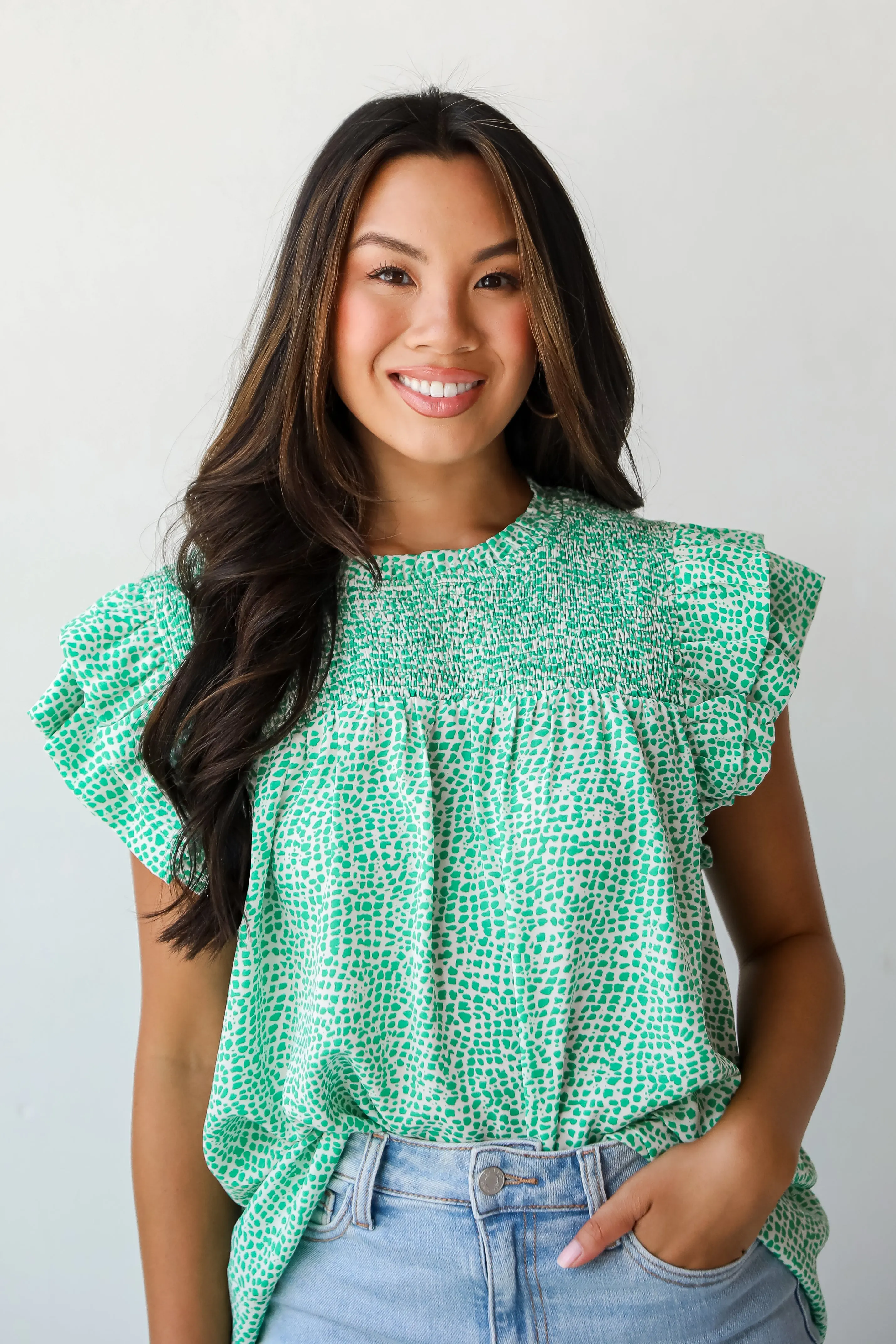 FINAL SALE - Feeling Girly Kelly Green Spotted Blouse