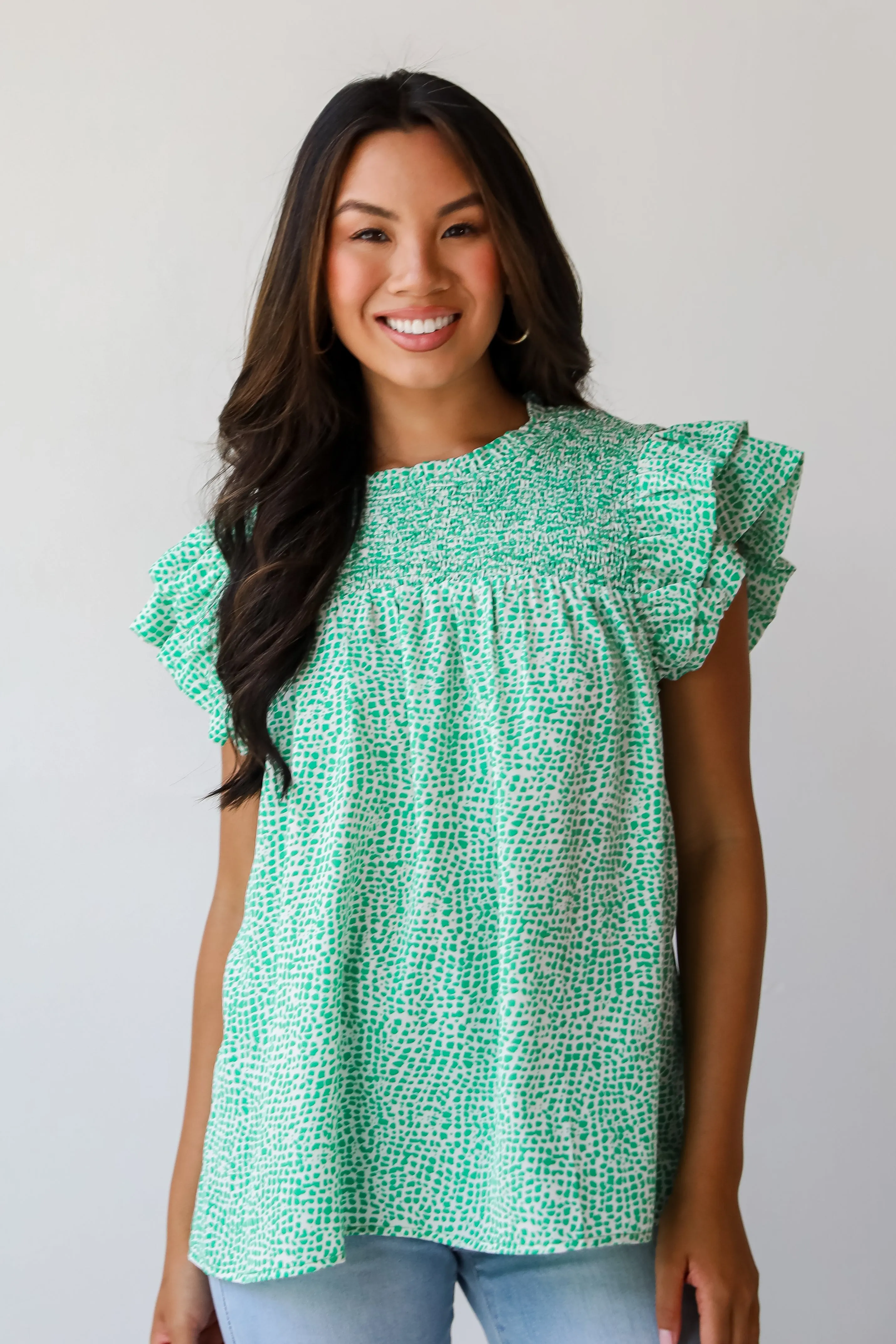 FINAL SALE - Feeling Girly Kelly Green Spotted Blouse