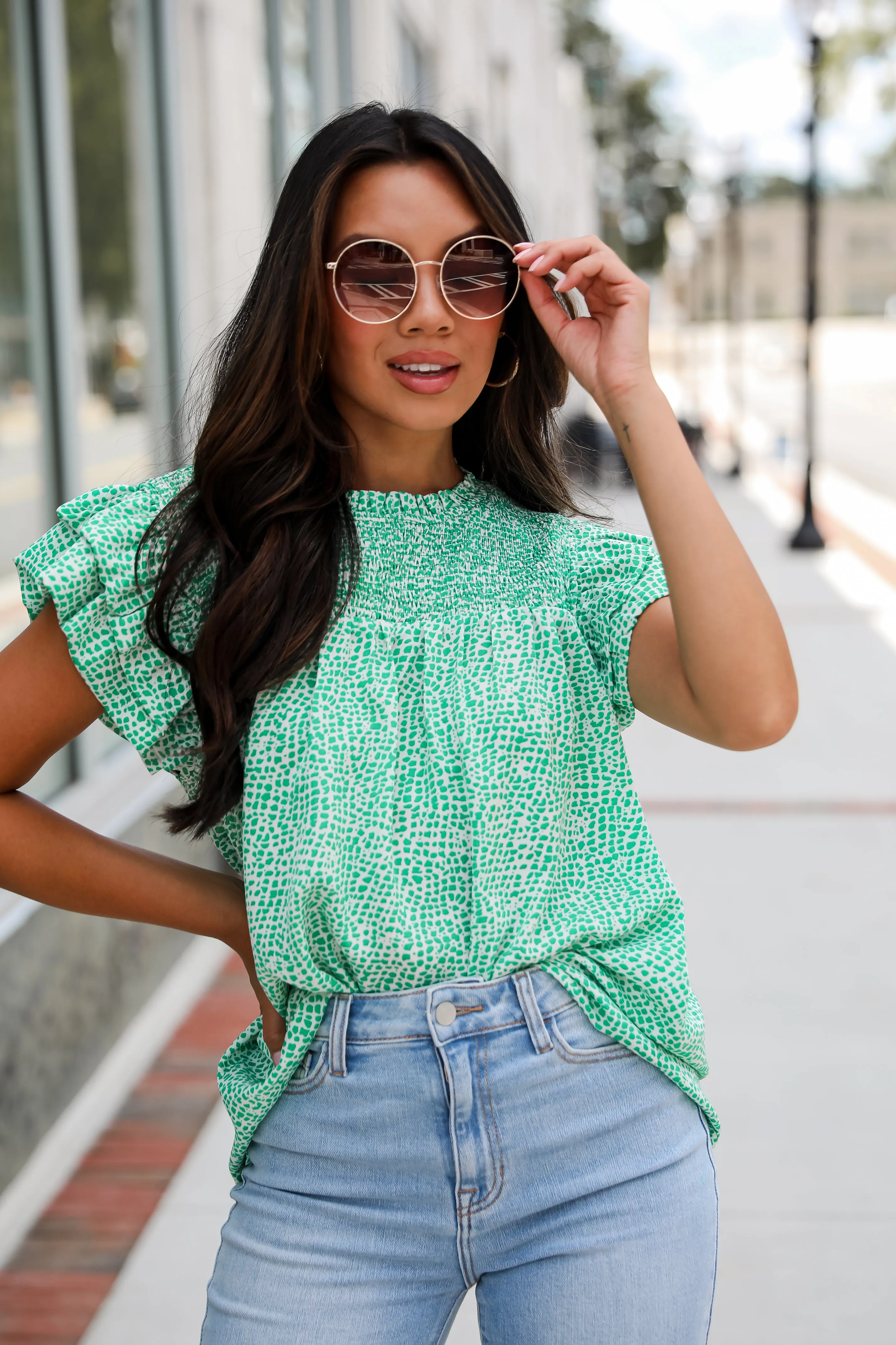 FINAL SALE - Feeling Girly Kelly Green Spotted Blouse