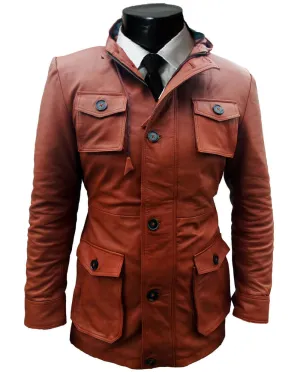 HANDMADE MEN BROWN SLIM FIT LEATHER JACKET, MEN LEATHER HOODIE