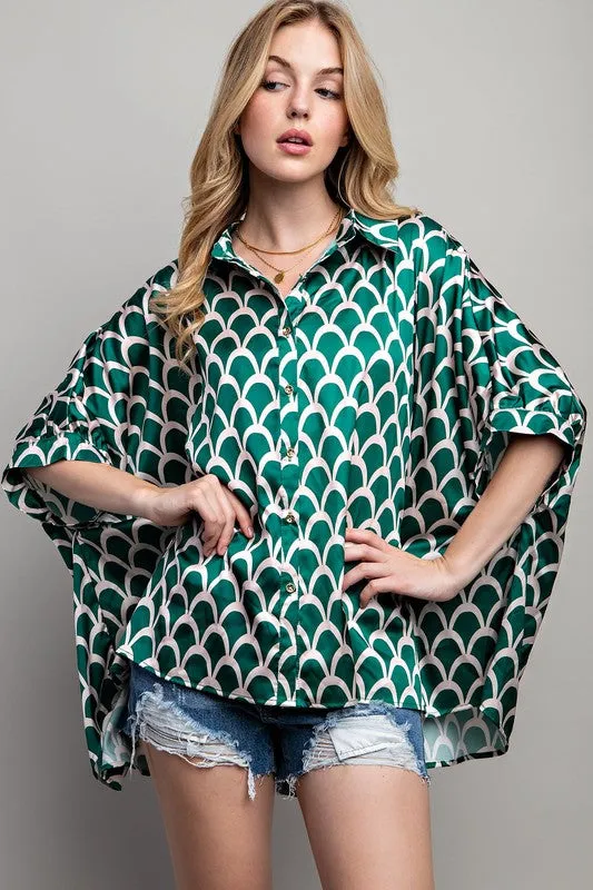 Hot Girl Geo Scallop Satin Button Down Short Sleeve Blouse