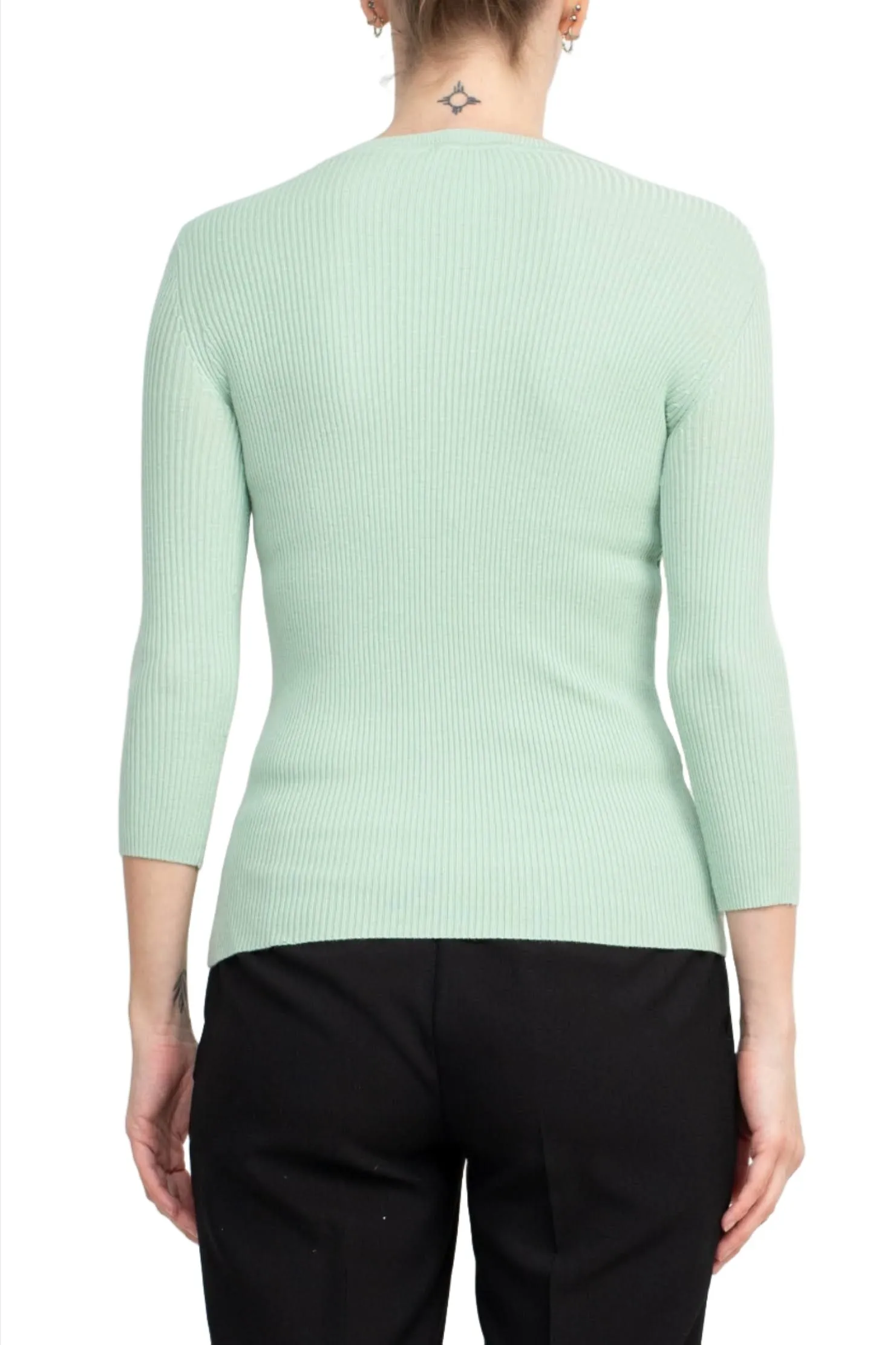 Joan Vass NY Crew Neck 3/4 Sleeve Ribbed Pullover Cutout Chest Detail Knit Top