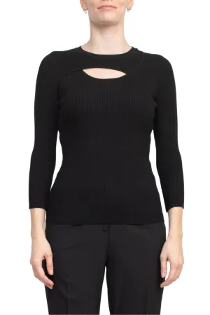 Joan Vass NY Crew Neck 3/4 Sleeve Ribbed Pullover Cutout Chest Detail Knit Top