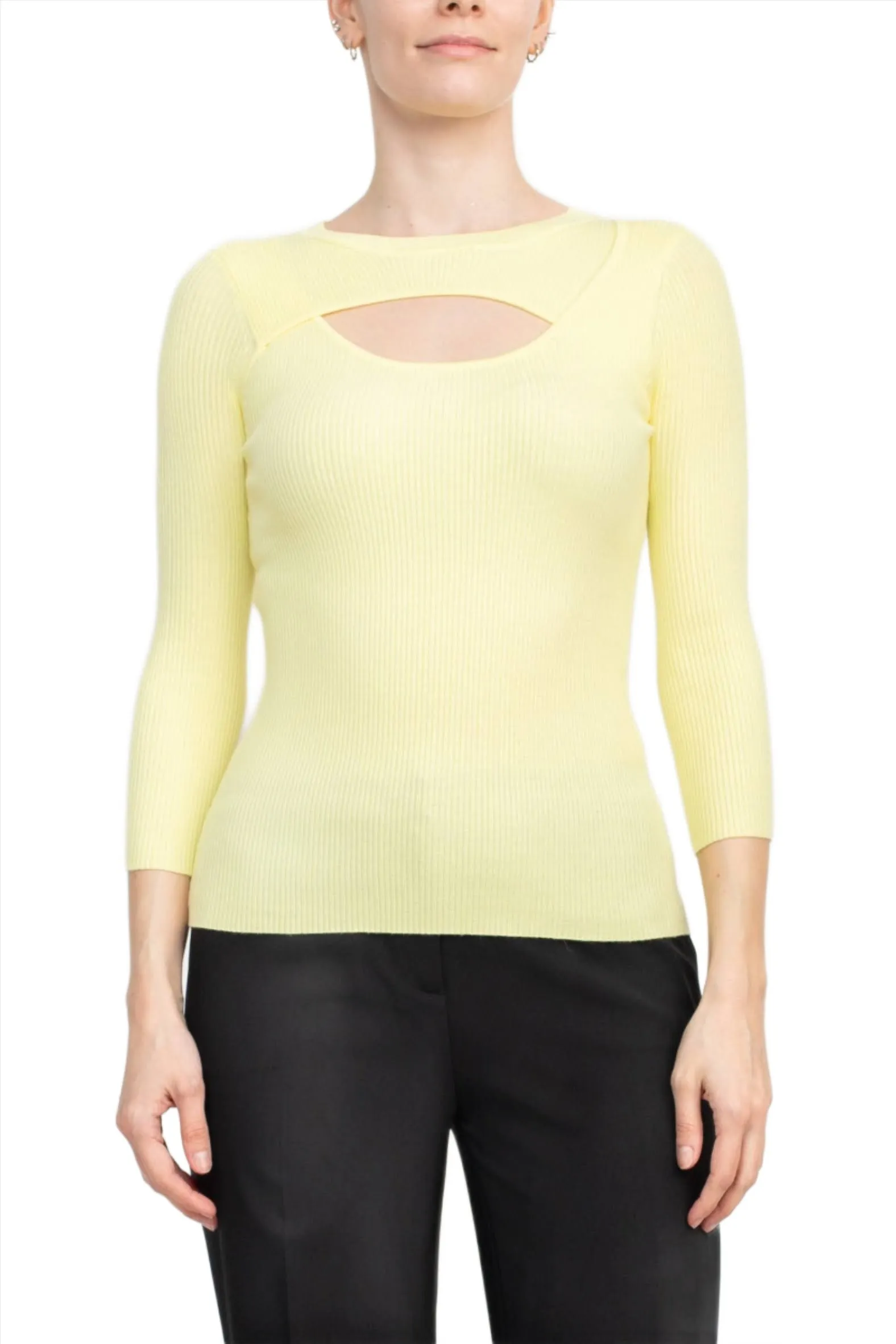 Joan Vass NY Crew Neck 3/4 Sleeve Ribbed Pullover Cutout Chest Detail Knit Top