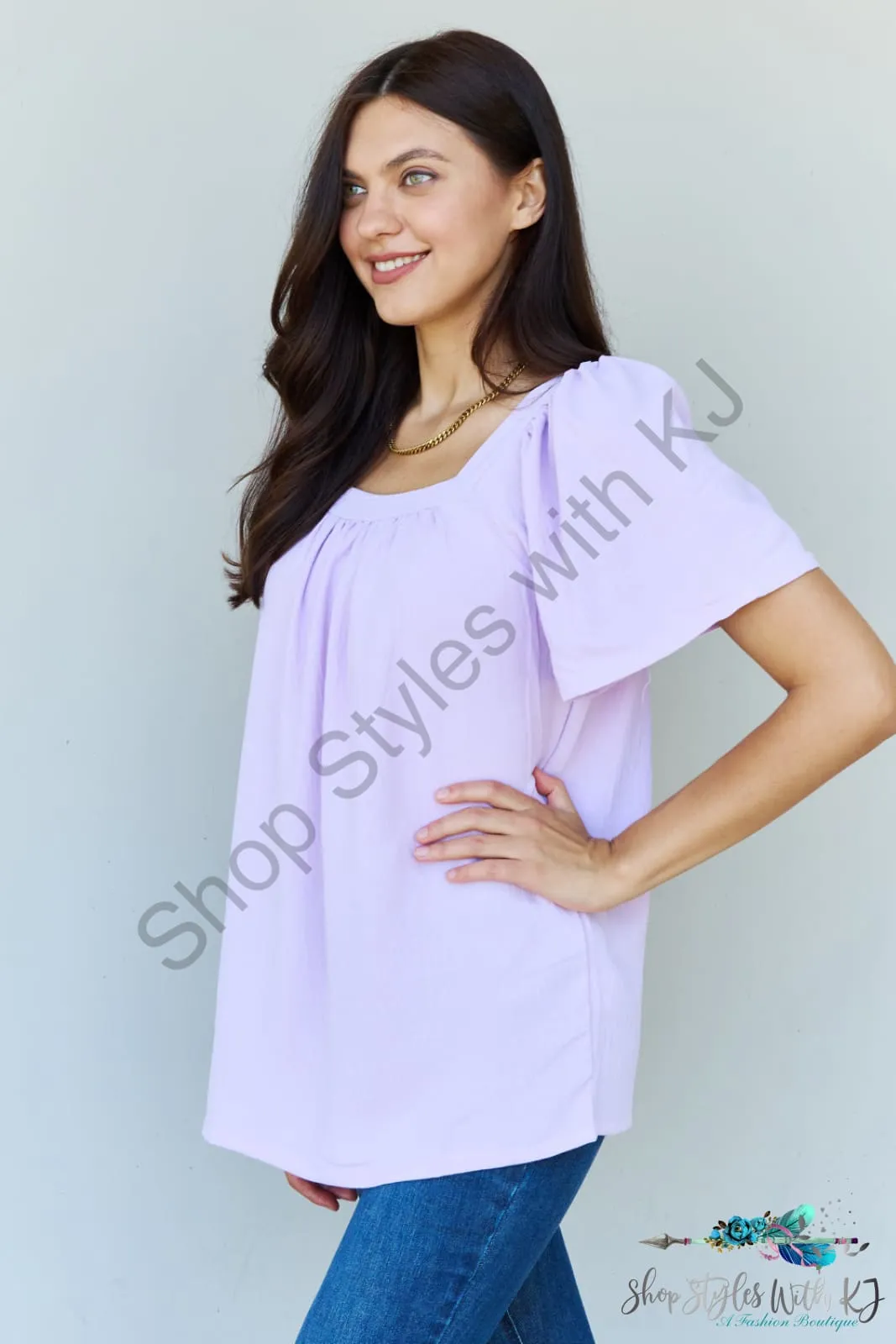 Keep Me Close Square Neck Short Sleeve Blouse in Lavender