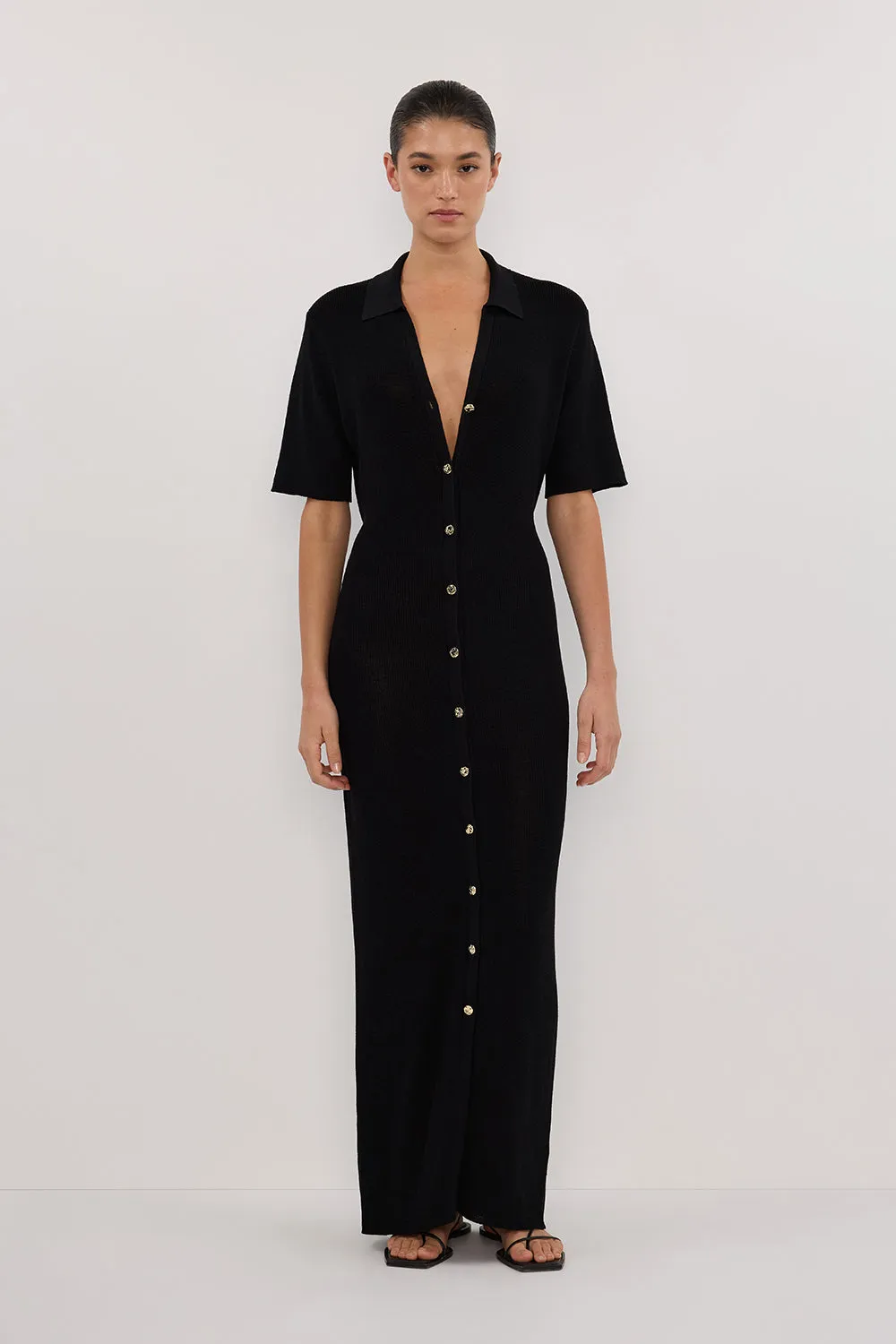 LIAM BLACK KNIT POLO MAXI DRESS