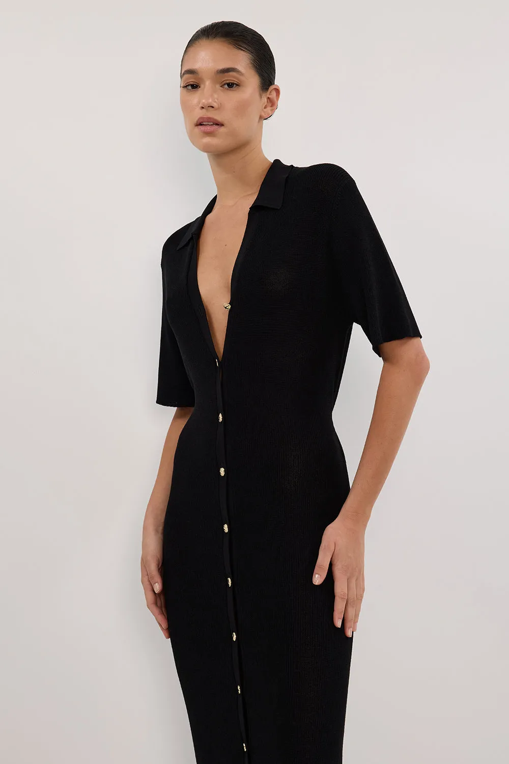 LIAM BLACK KNIT POLO MAXI DRESS