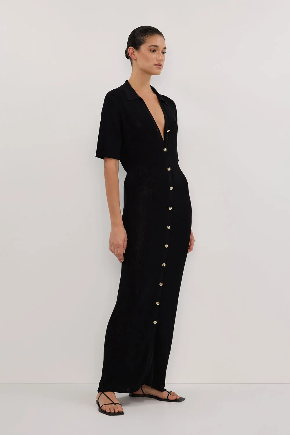 LIAM BLACK KNIT POLO MAXI DRESS