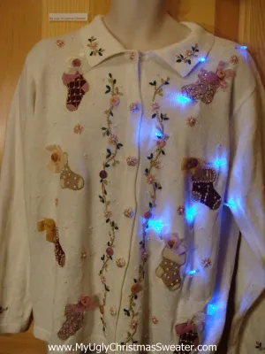 Light Up Ivory Ugly Xmas Sweater Cardigan with Cheesy Stockings