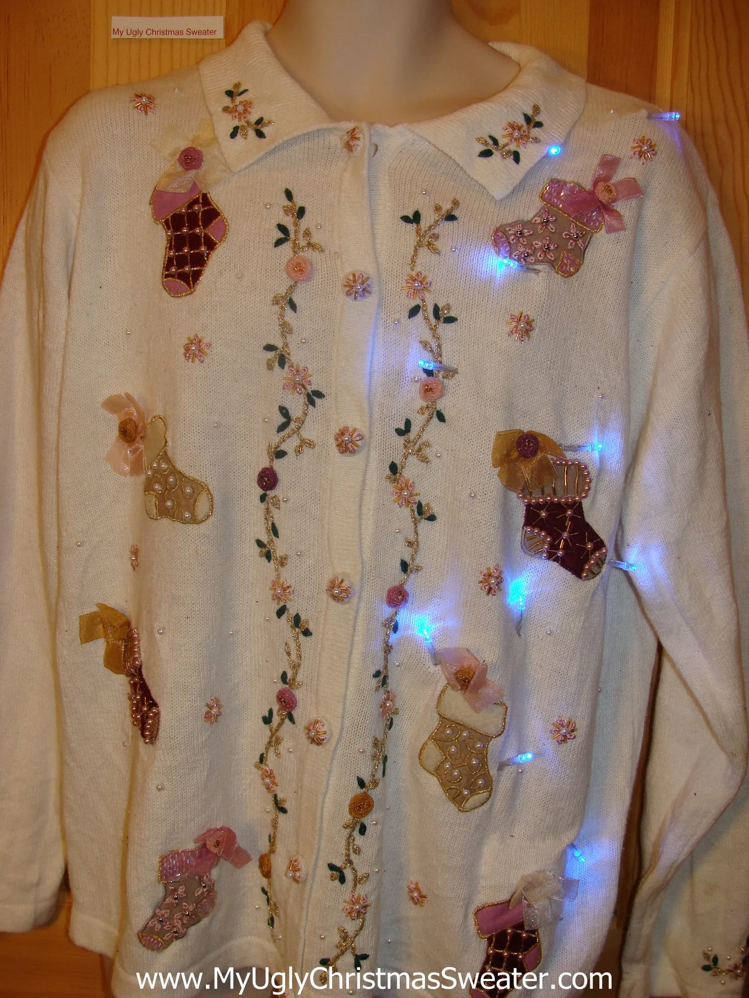 Light Up Ivory Ugly Xmas Sweater Cardigan with Cheesy Stockings