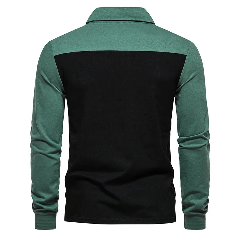 Men Turnover Collar Bicolor Long Sleeves T-Shirt