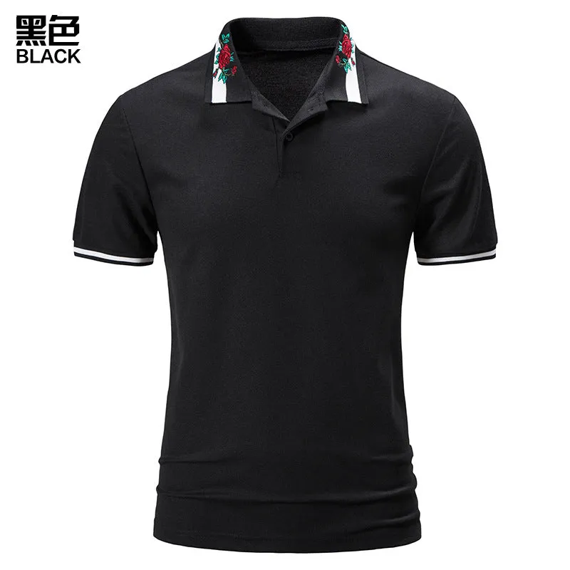 Men Turnover Collar Flowers Short Sleeves T-Shirt