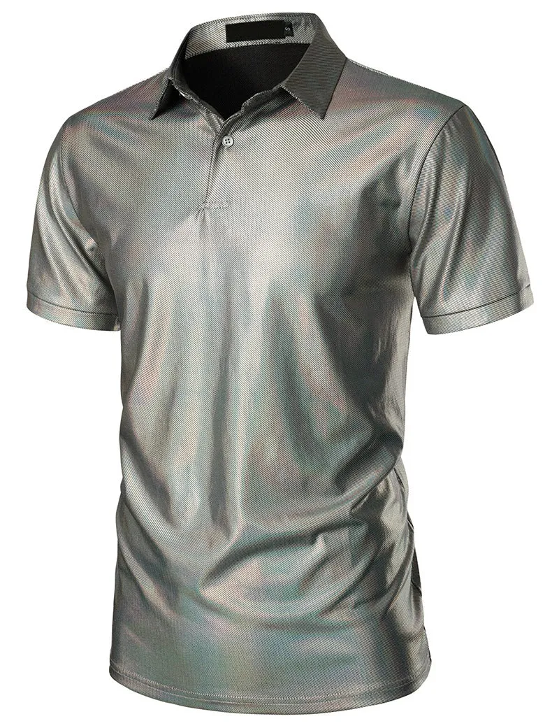 Men Turnover Collar Glossy Short Sleeves T-Shirt