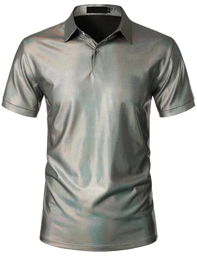 Men Turnover Collar Glossy Short Sleeves T-Shirt