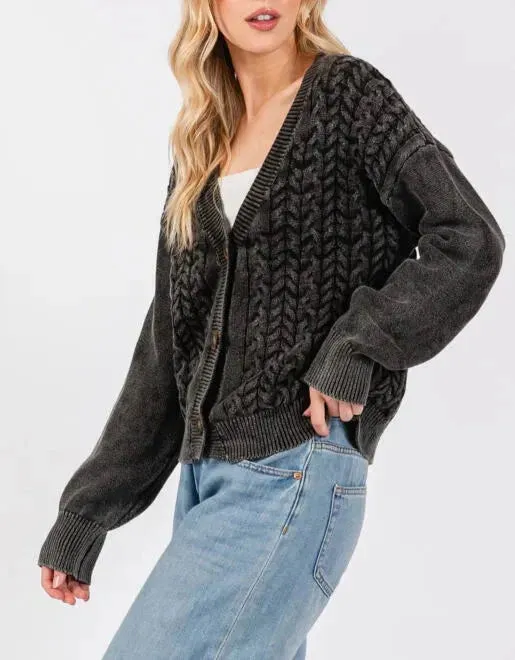 Midnight Essence Oversized Cable Knit Button Front Cardigan in Washed Black