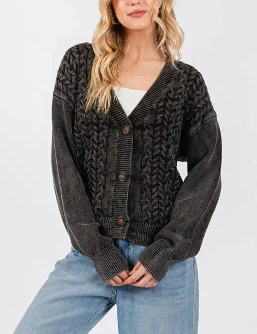 Midnight Essence Oversized Cable Knit Button Front Cardigan in Washed Black