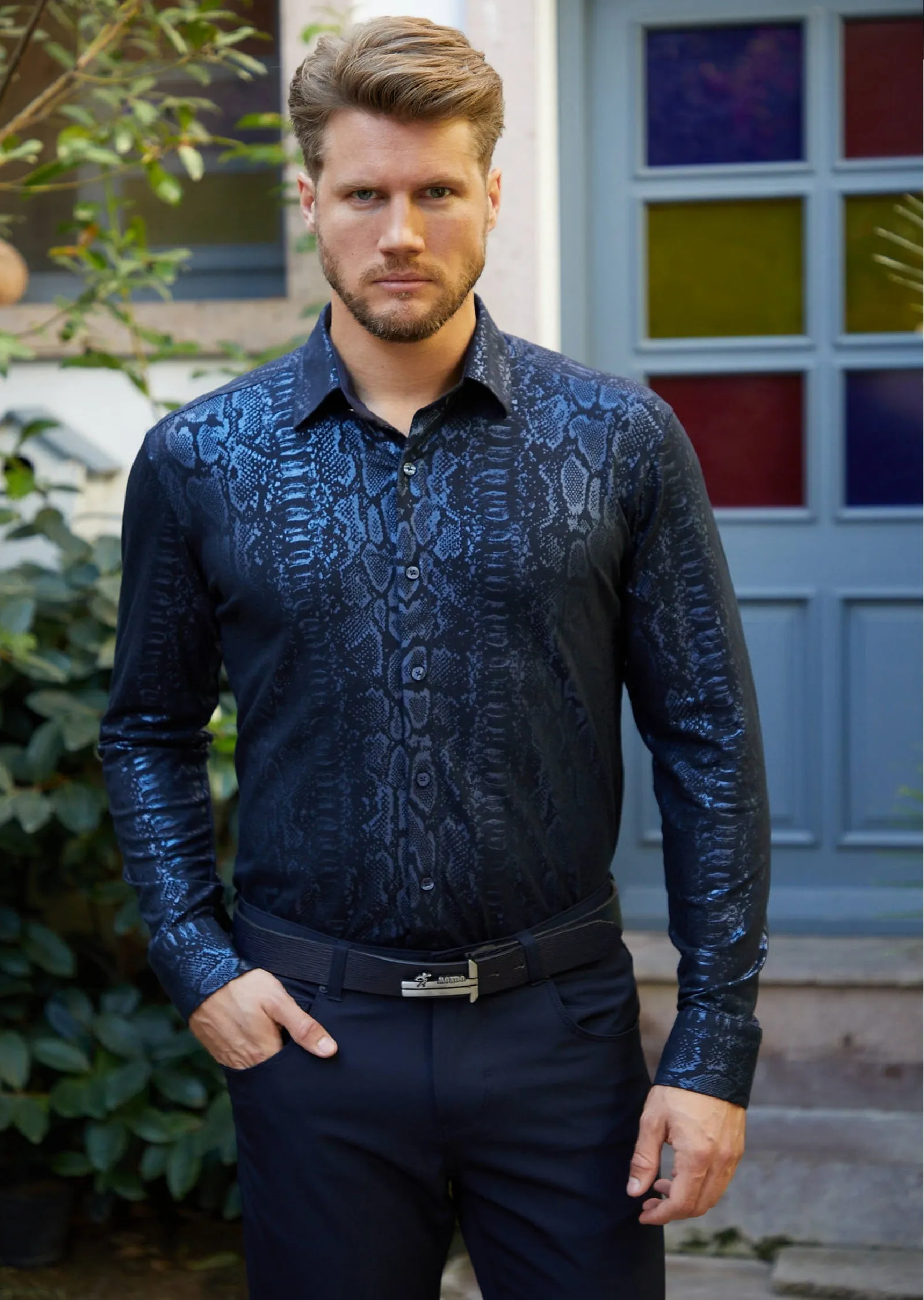 Navy Snake Foil Knit Shirt