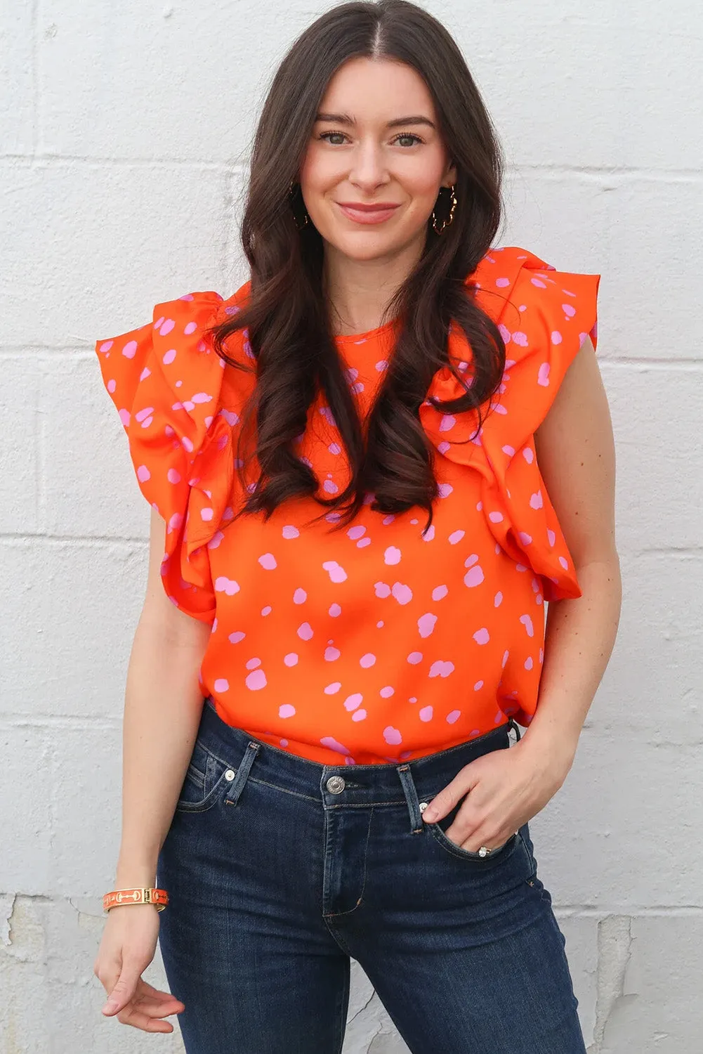 Orange Spotted Print Ruffle Short Sleeve Blouse