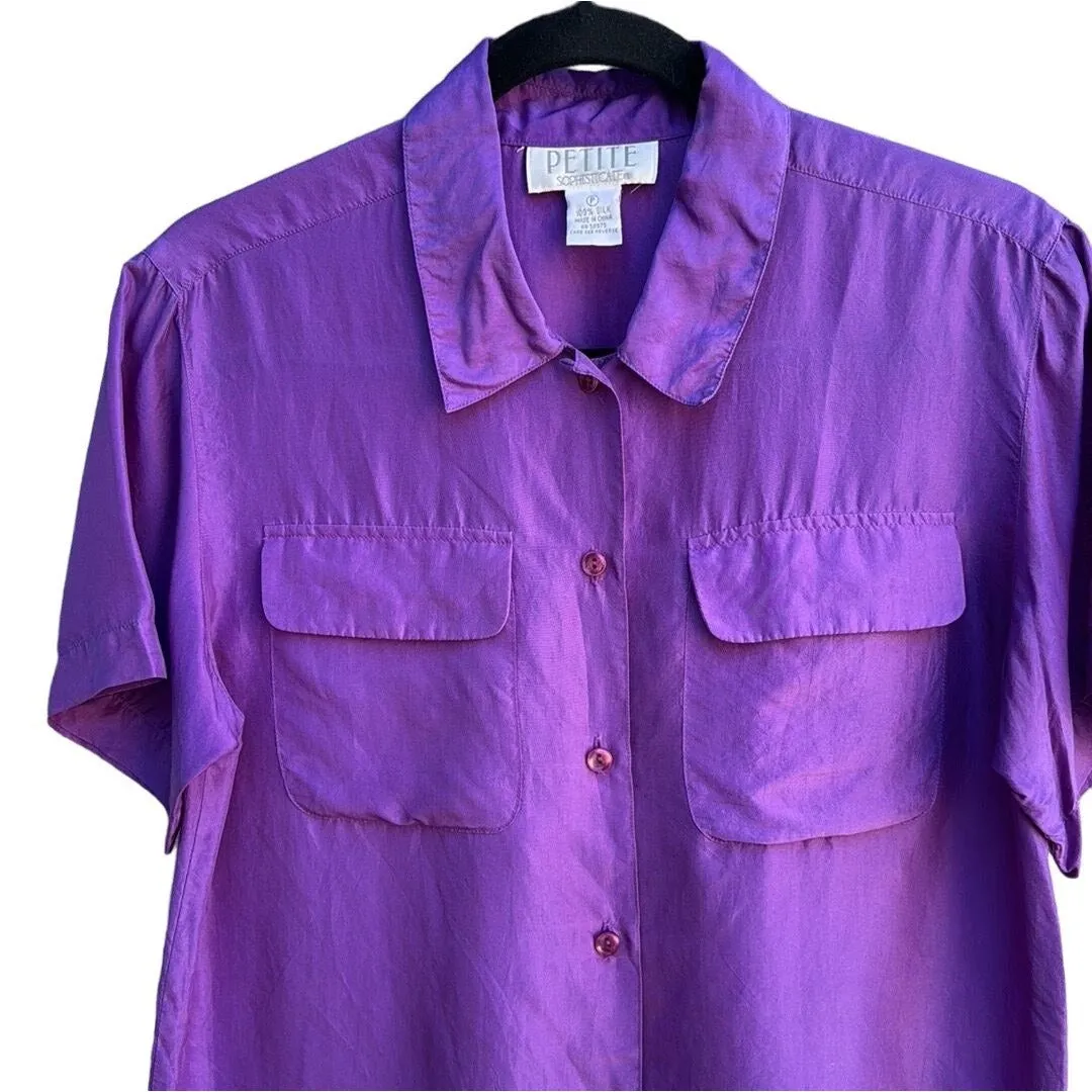 Petite Sophisticate Vintage Silk Lightweight Button Down Short Sleeve Shirt - P