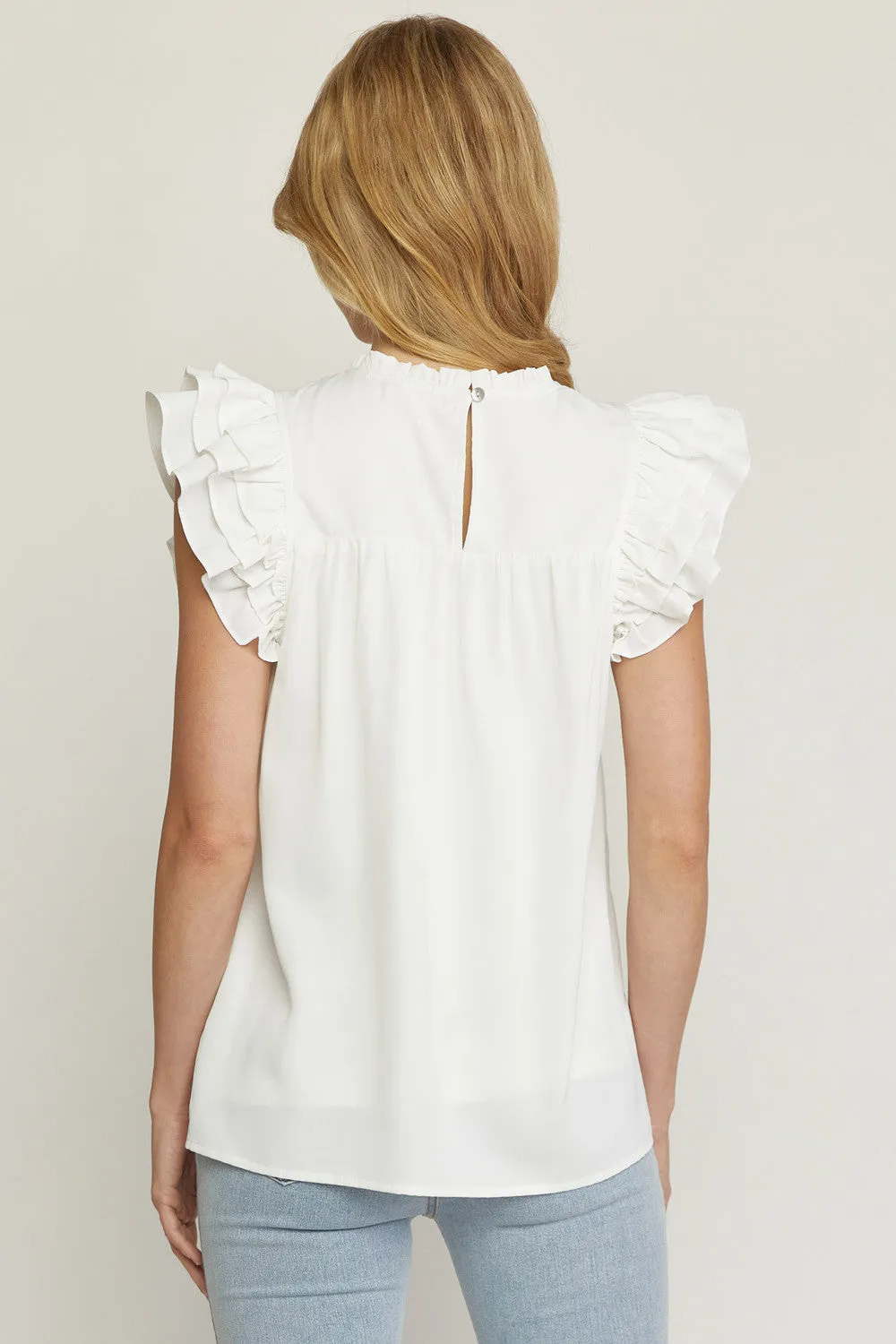 Pleated Ruffle Sleeve Top, White