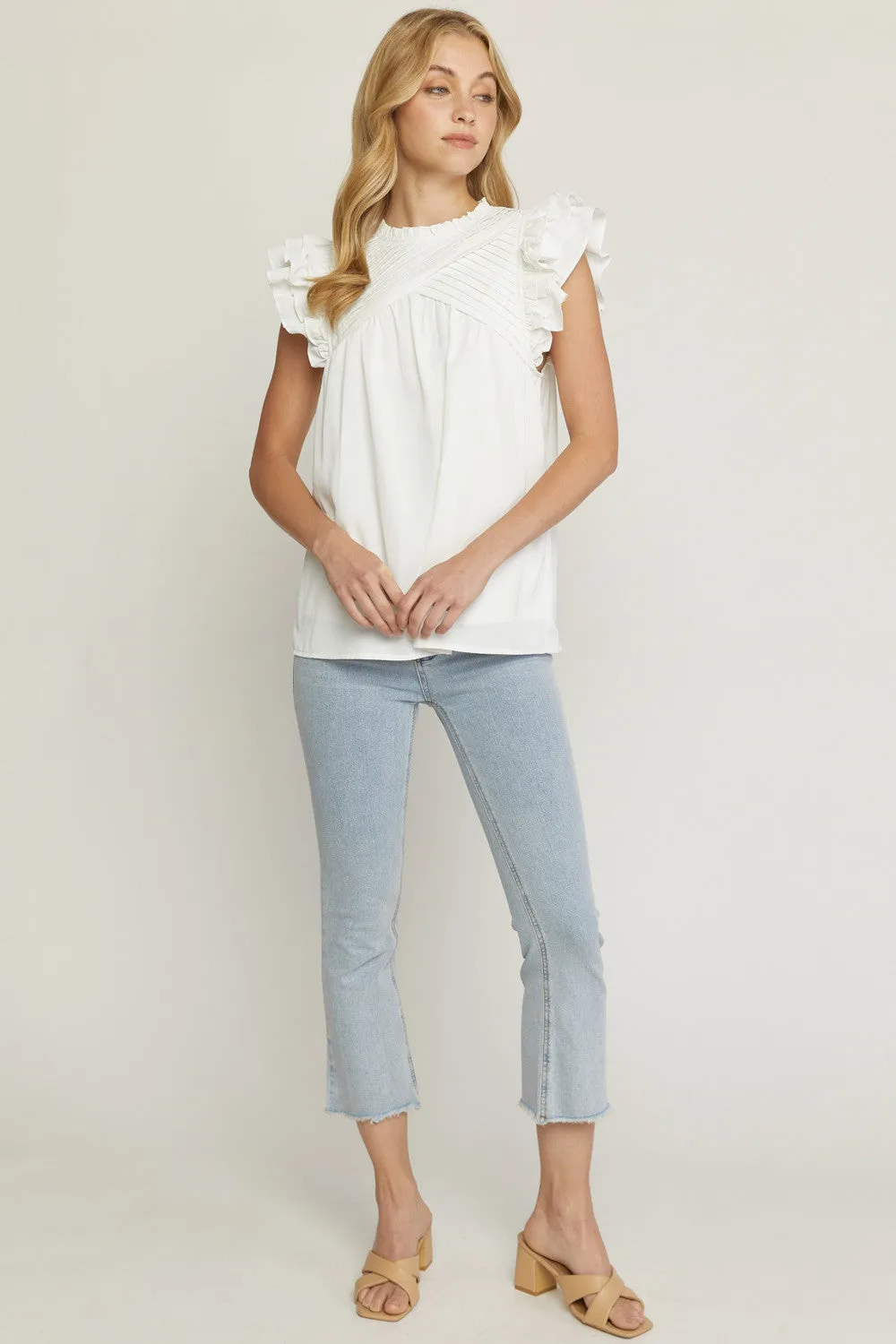 Pleated Ruffle Sleeve Top, White