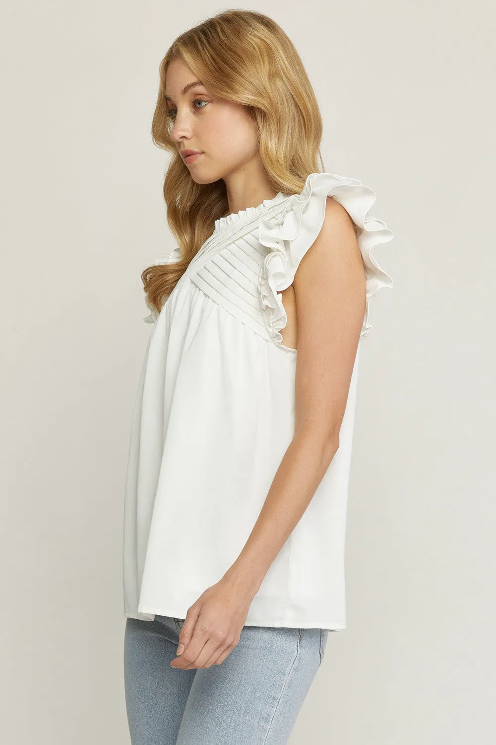 Pleated Ruffle Sleeve Top, White