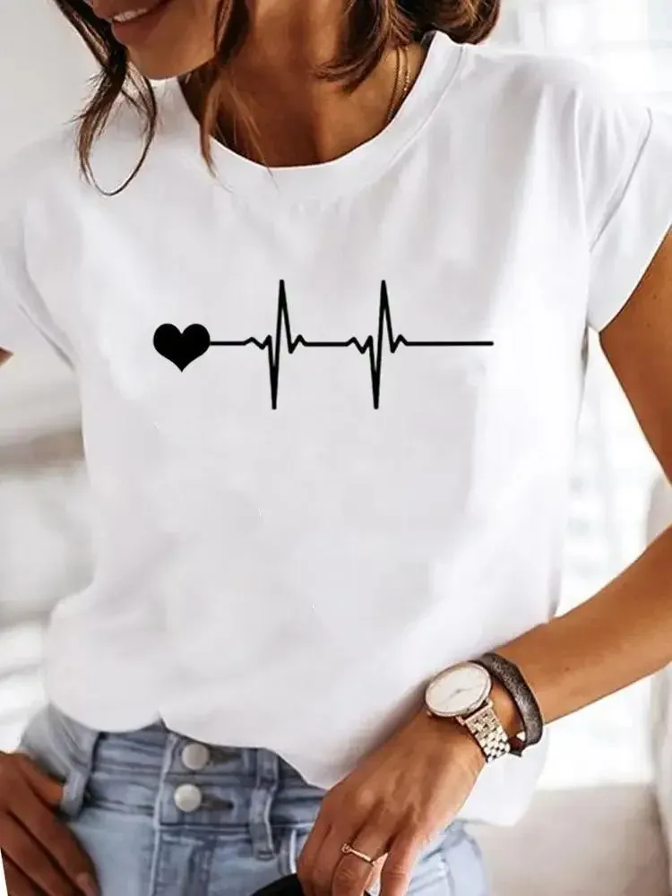 Round-Necked Love Pattern Summer Casual Fresh Blouse Women T-Shirt