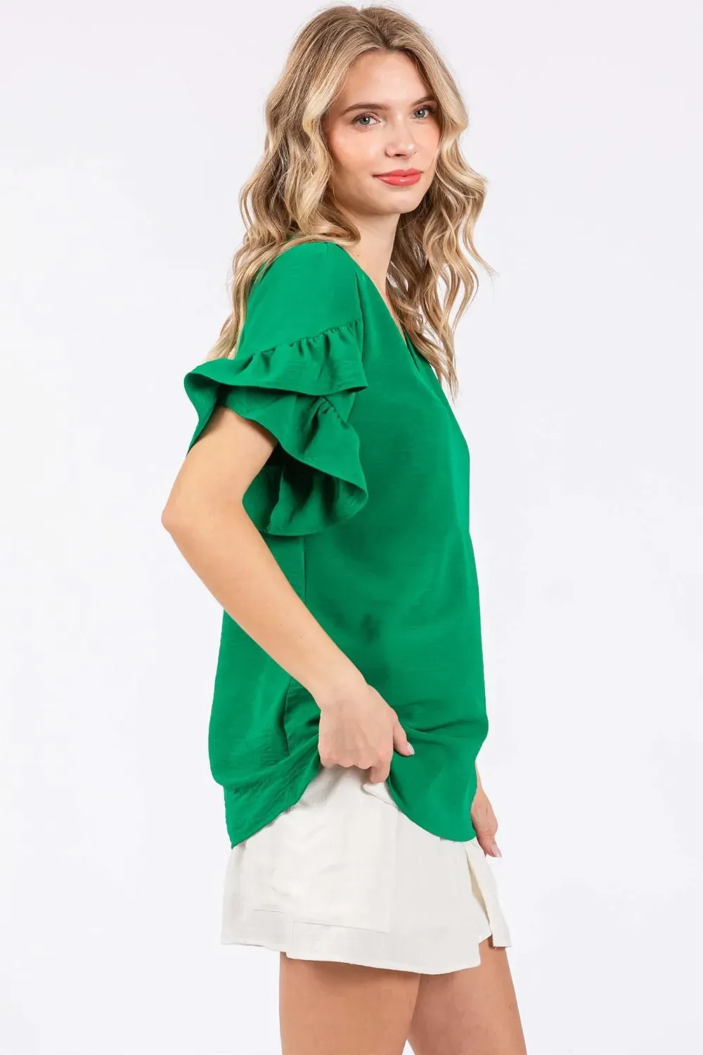 Ruffled Short Sleeve V-Neck Blouse