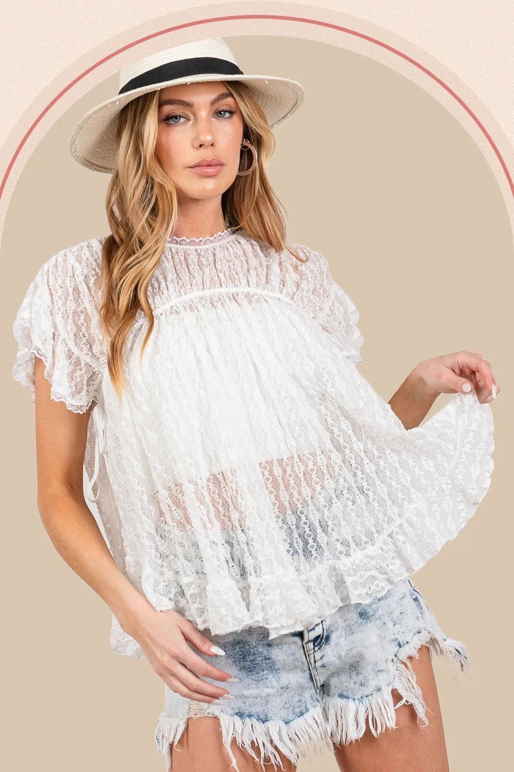 SAGE   FIG Round Neck Short Sleeve Lace Blouse