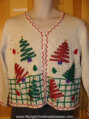 Tacky 2-Sided Ugly Christmas Sweater with Festive Green and Red Trees on Front and Back  (f676)