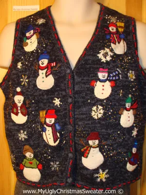 Tacky Christmas Sweater Party Ugly Sweater Vest with Plump Happy Festive Snowmen  (f835)