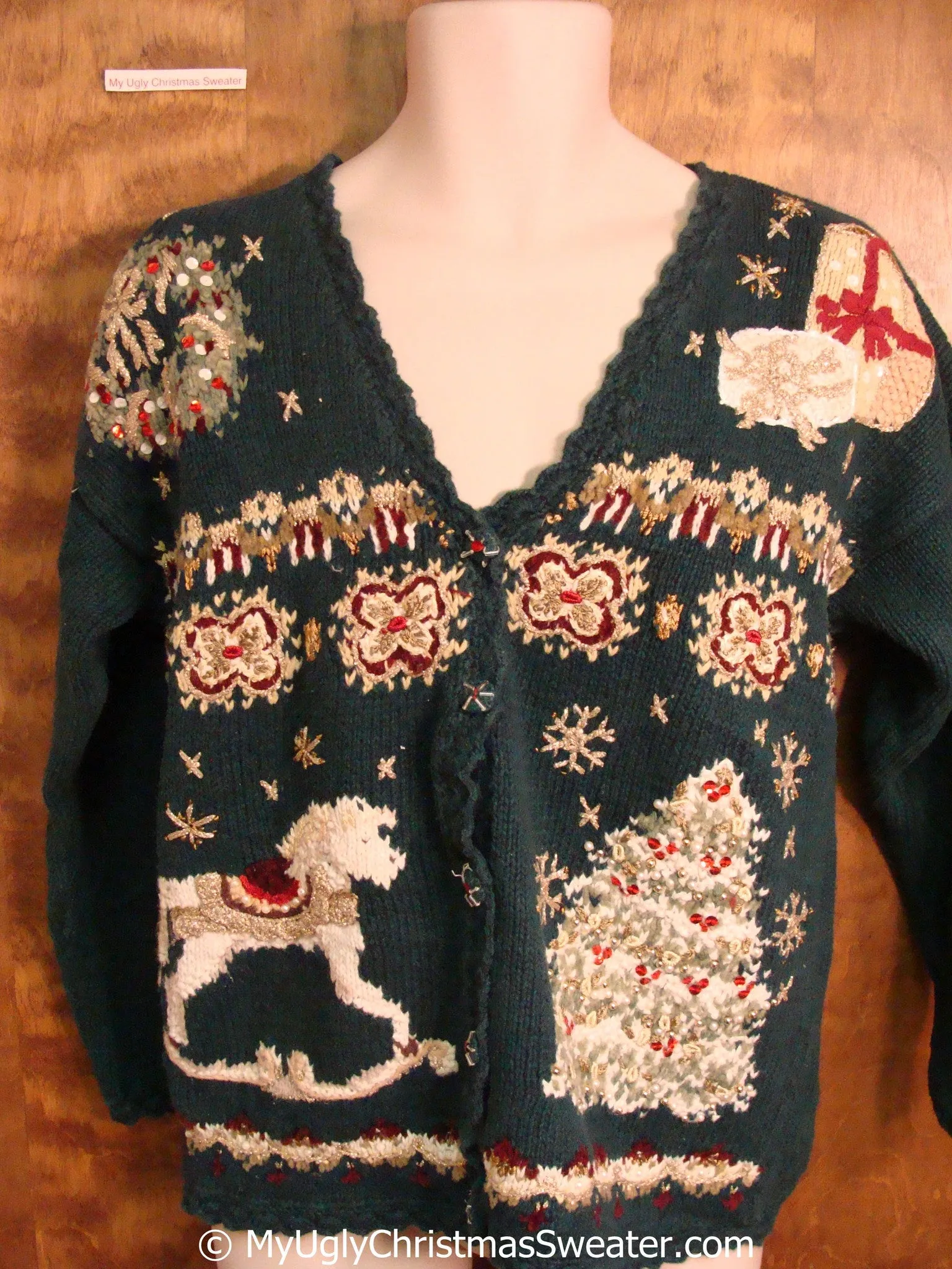 Tacky Christmas Sweater with Rocking Horse and Tree