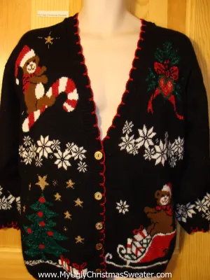 Tacky Ugly Christmas Sweater 80s Cardigan with Bear Riding a Candy Cane (f421)